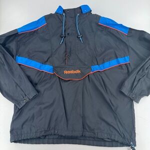 Vintage Reebok Windbreaker‎ Jacket MENS Black Blue 1/2 Zip Hooded Pullover 2XL